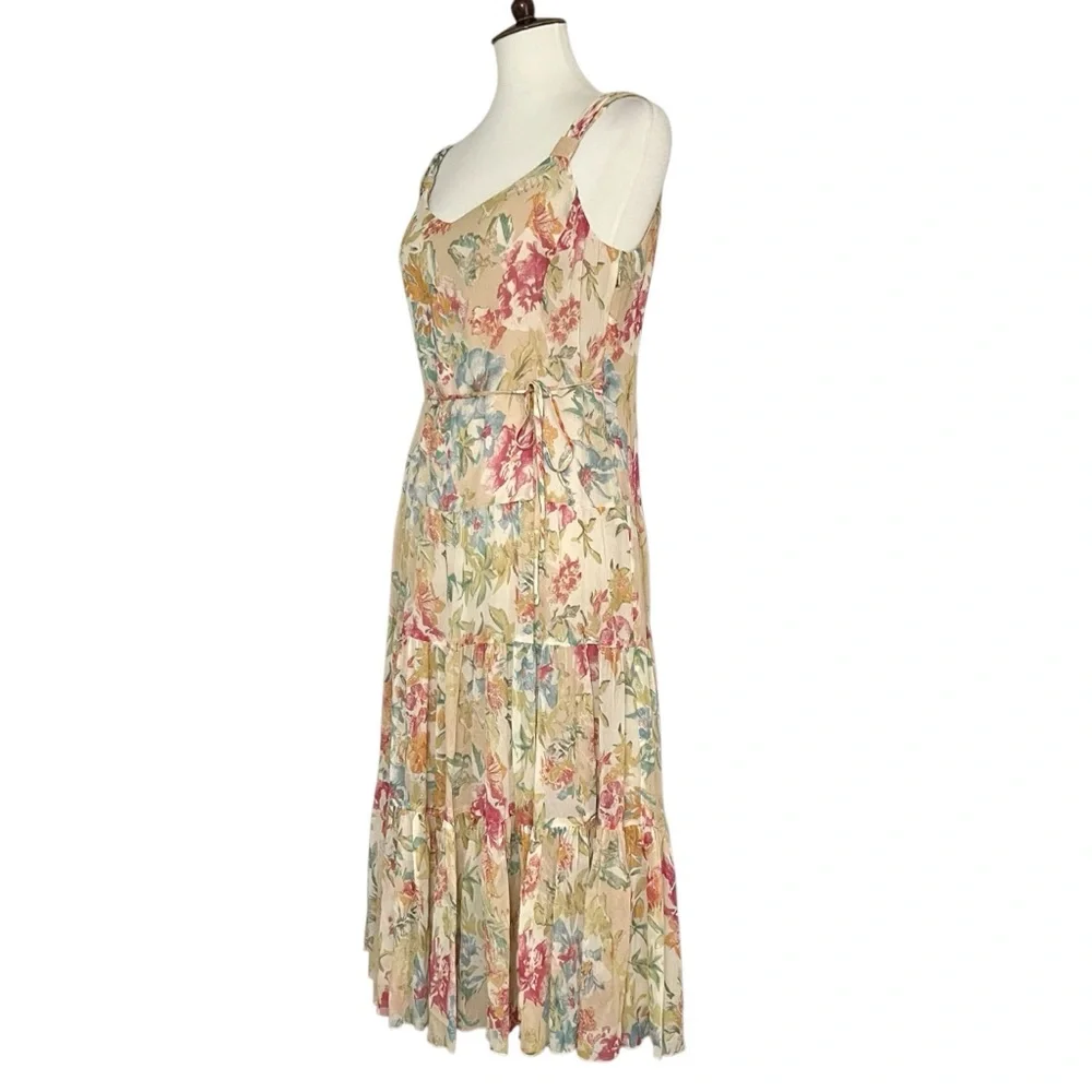 Nine West Floral‎ Sleeveless 100% Silk Tiared Dress Size 10P Dainty - Picture 4 of 12